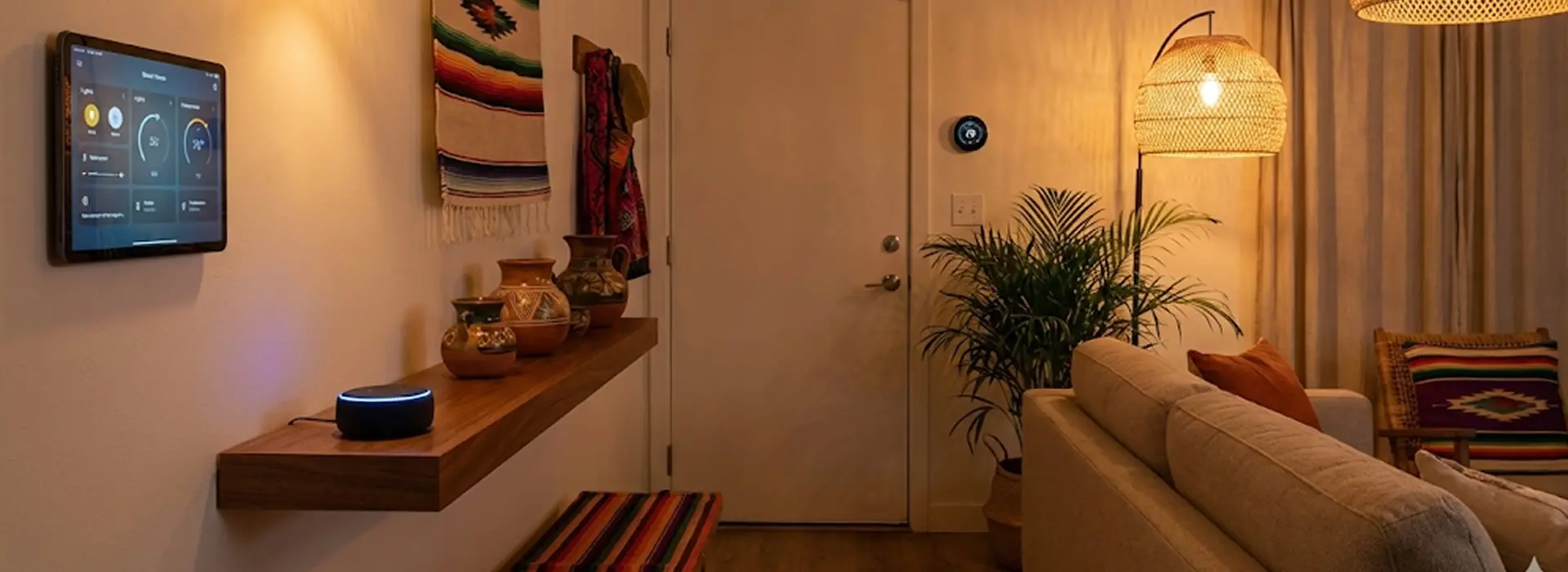 Casa inteligente con dispositivos de domótica en sala moderna