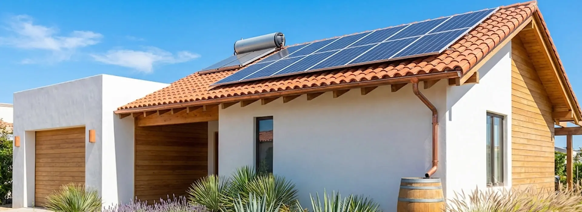 Casa con paneles solares en techo y jardín sustentable