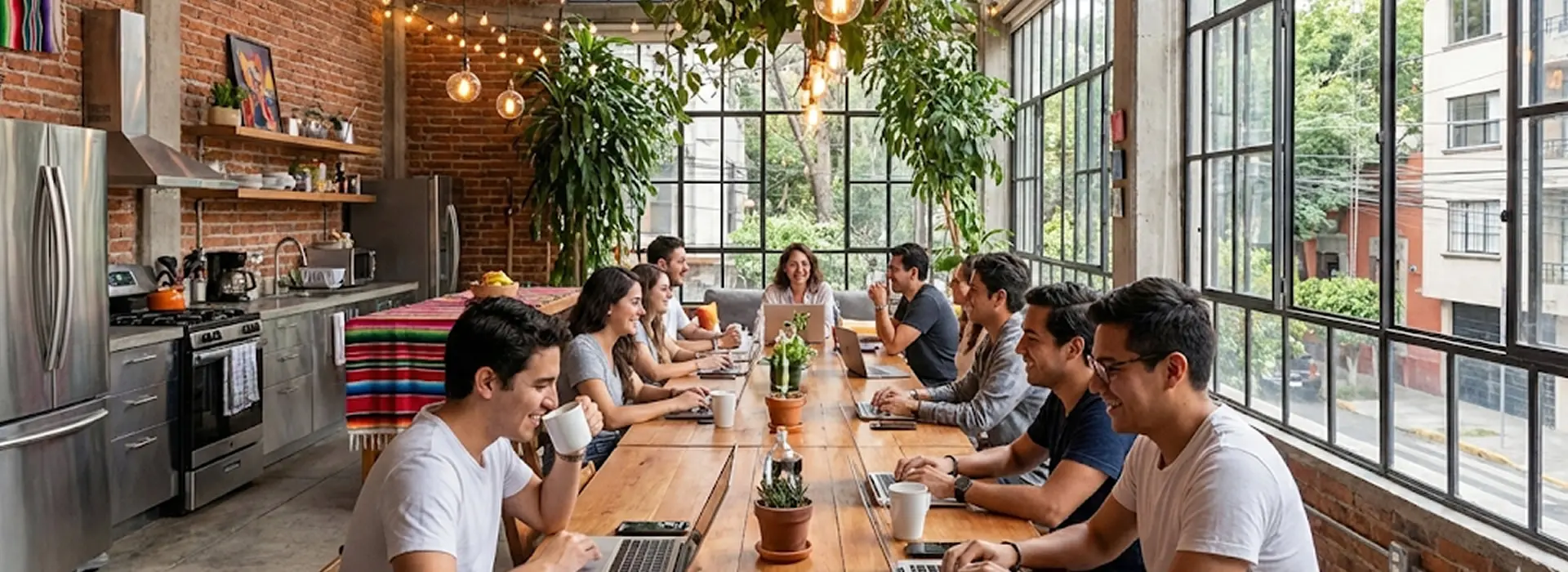 Espacio de coliving moderno con área común y jóvenes profesionales