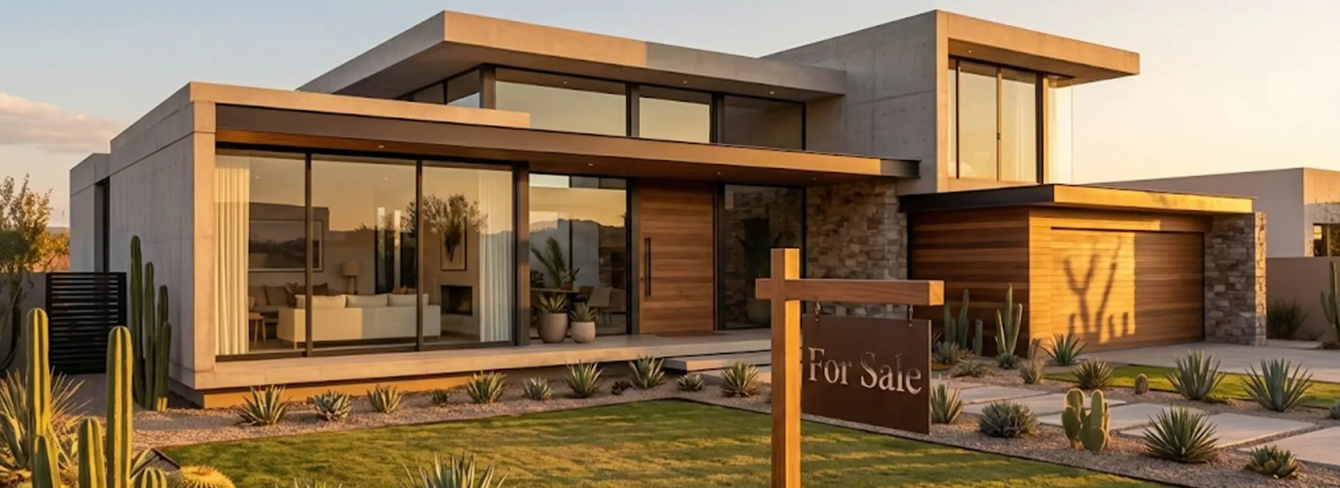 Casa moderna con letrero de venta en jardín delantero