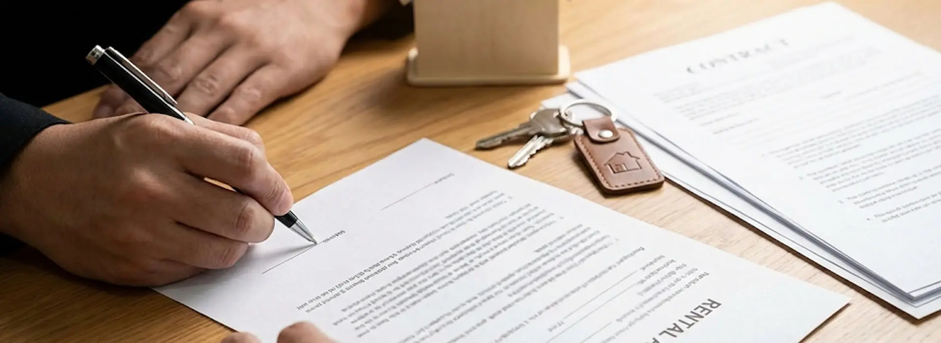 Dos personas firmando contrato de arrendamiento en escritorio