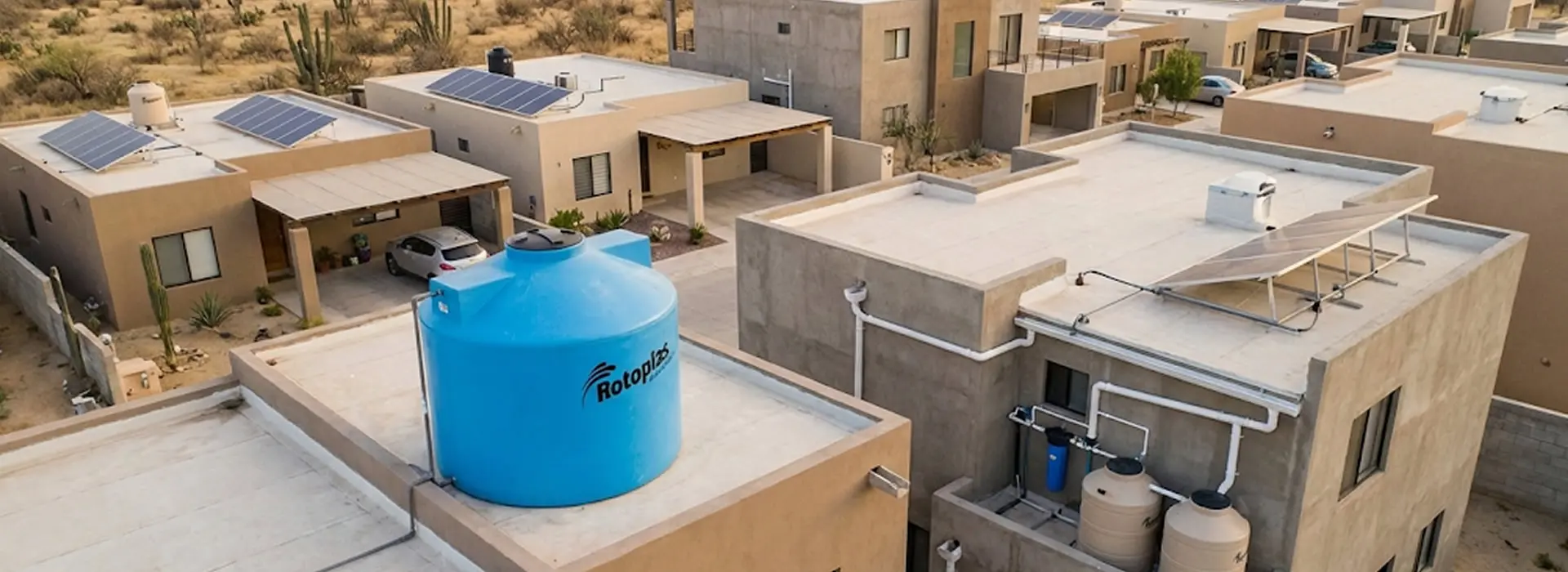 Cisterna de captación de agua en azotea de casa moderna en México