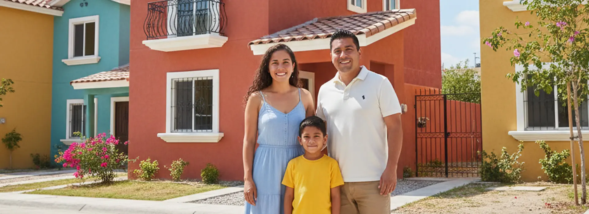 Familia mexicana frente a casa nueva con crédito Infonavit