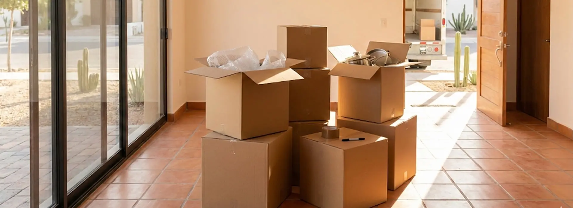 Cajas de mudanza apiladas en sala de casa nueva vacía
