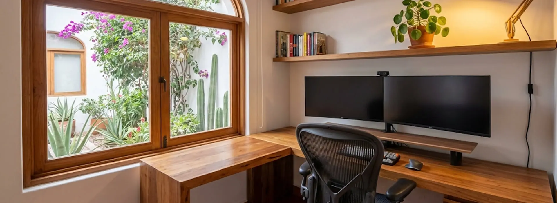 Home office moderno con escritorio y silla ergonómica junto a ventana
