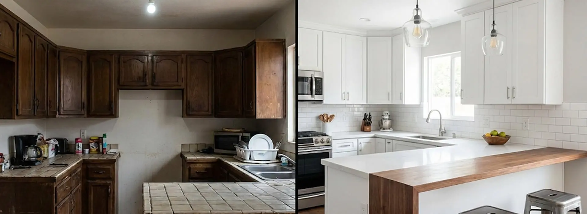 Cocina moderna remodelada con barra y gabinetes blancos