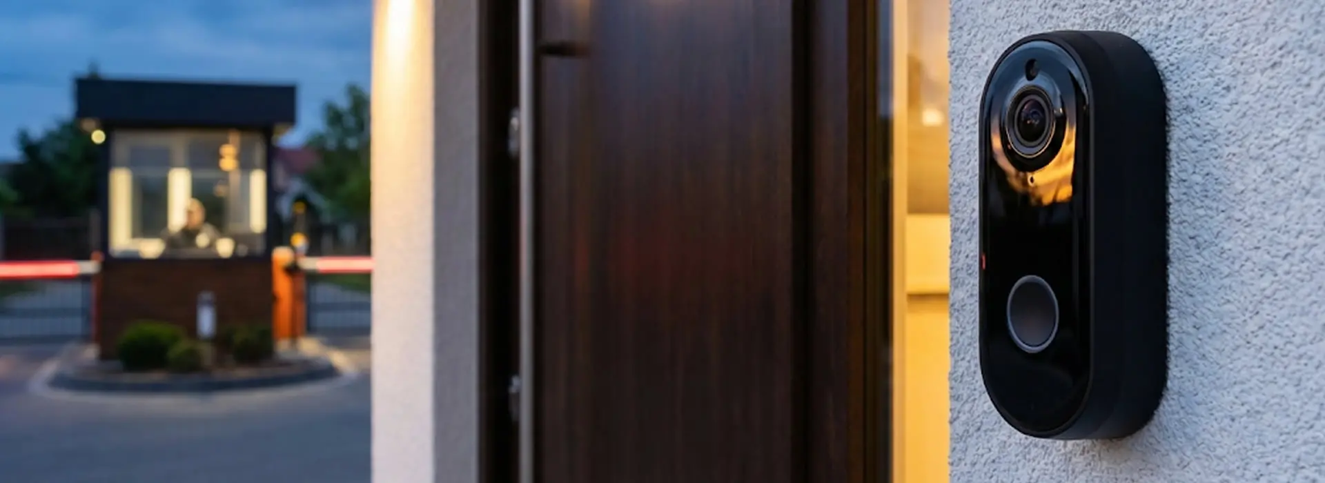 Cámara de seguridad inteligente en entrada de casa moderna