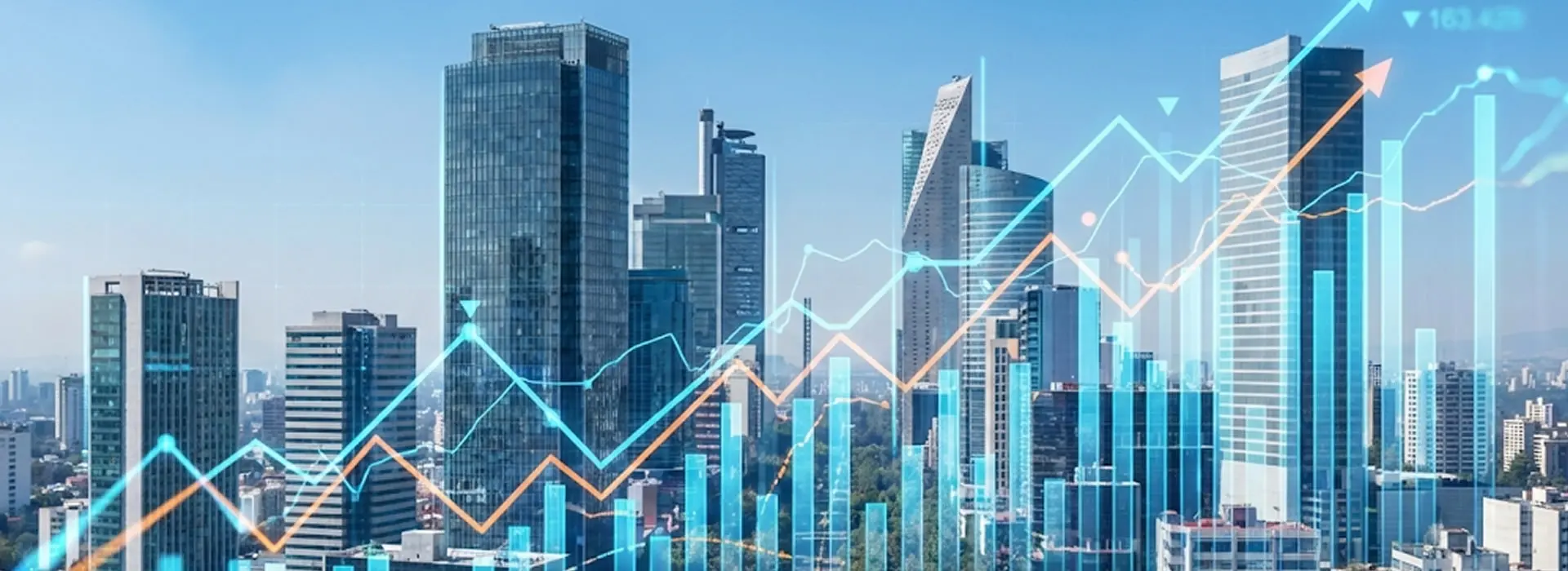 Gráfica de tendencias del mercado inmobiliario con edificios modernos de fondo