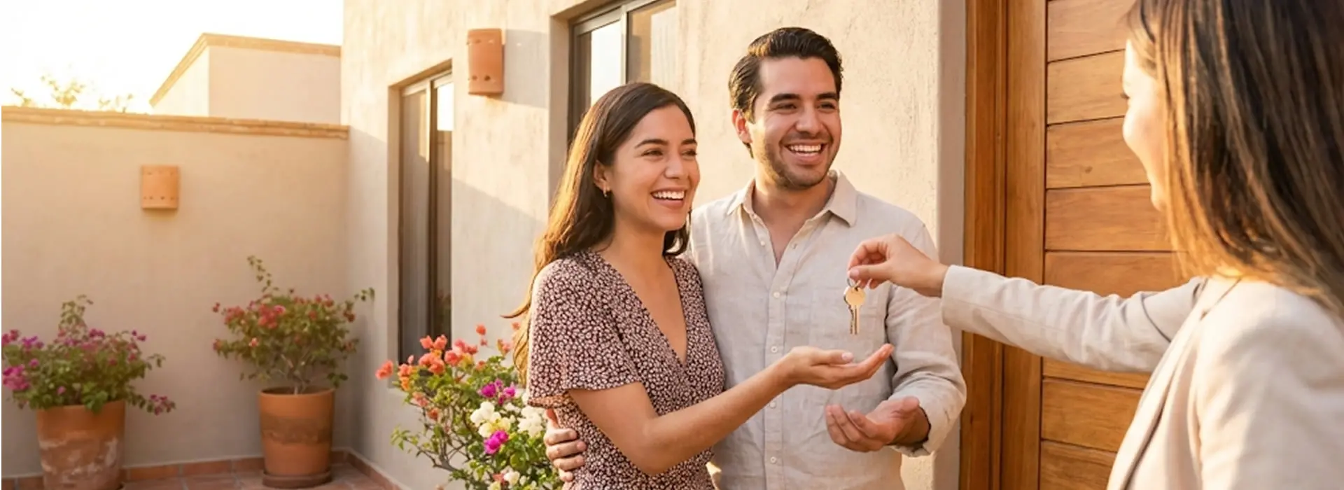 Pareja joven feliz recibiendo llaves de su primera casa