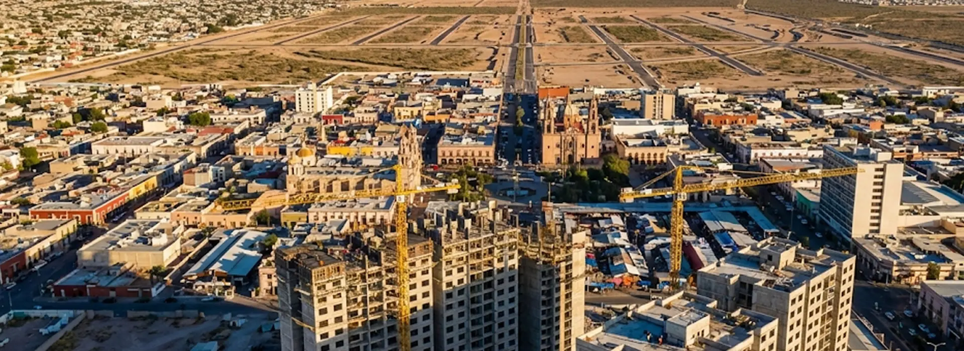 Mapa aéreo de zona en desarrollo urbano con grúas y construcción